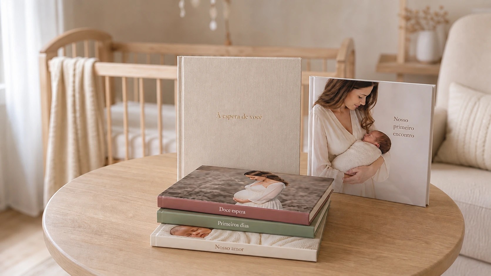 Álbuns Minilab Book de gestante, com fotos de mãe e bebê